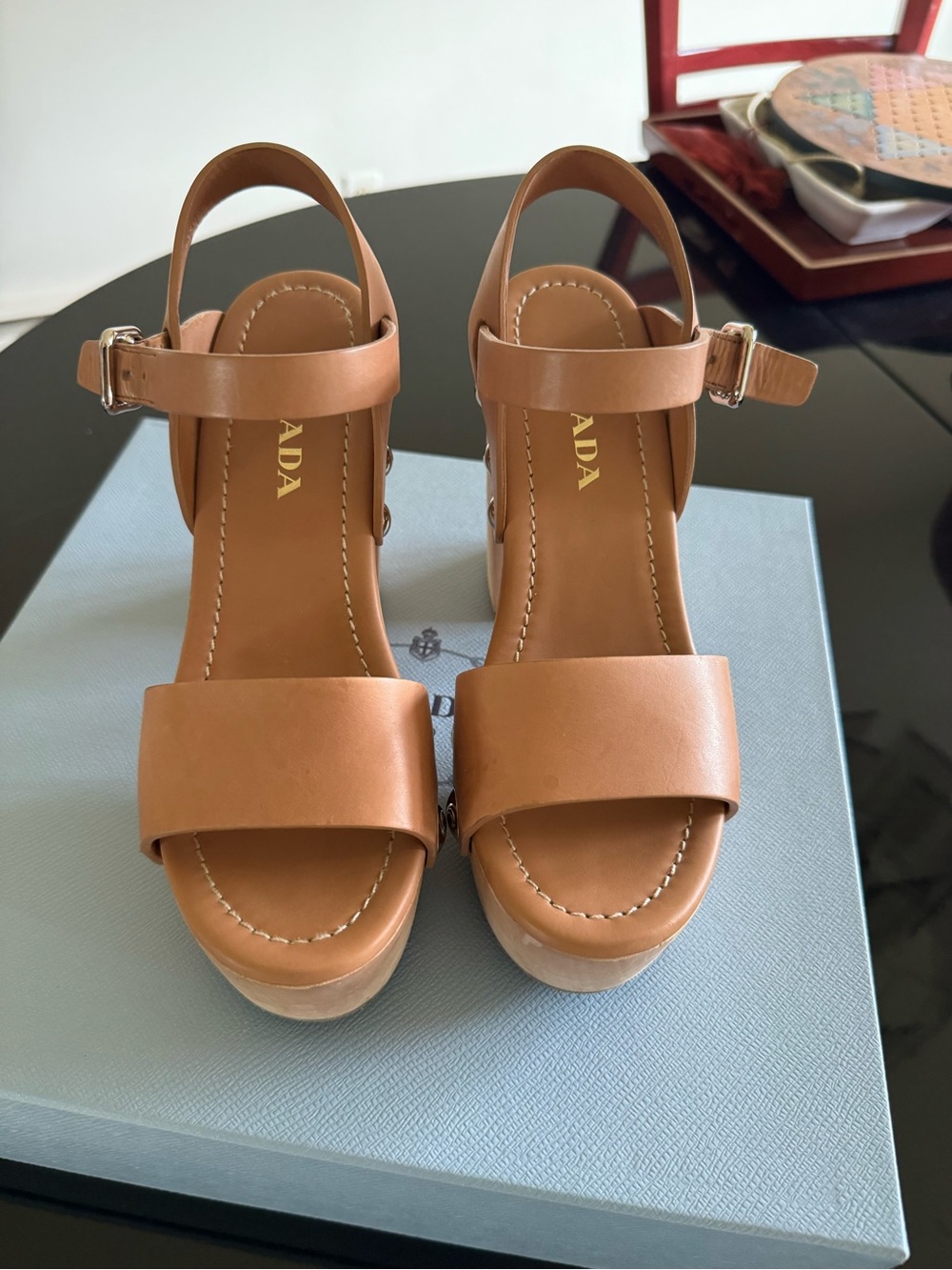 Prada Brown Leather Platform Block Heel Sandals - Picture 3 of 6